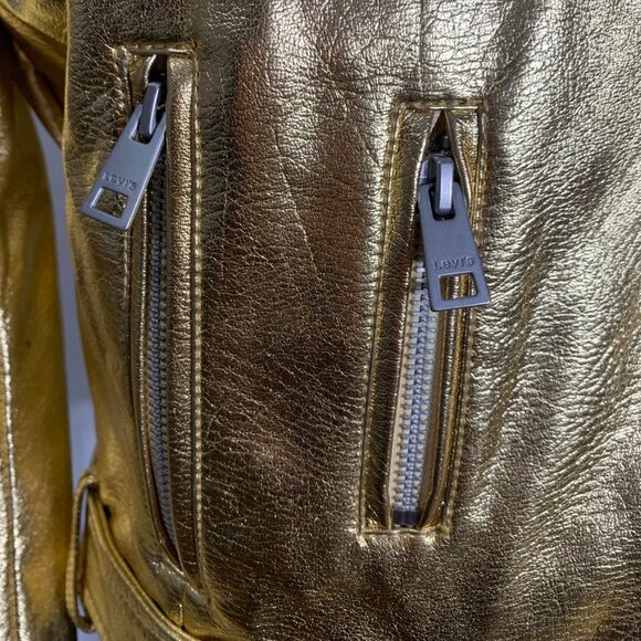 Levis Strauss Metallic Gold Faux Leather Moto Zipper Jacket Womens SZ S EUC - Picture 8 of 11